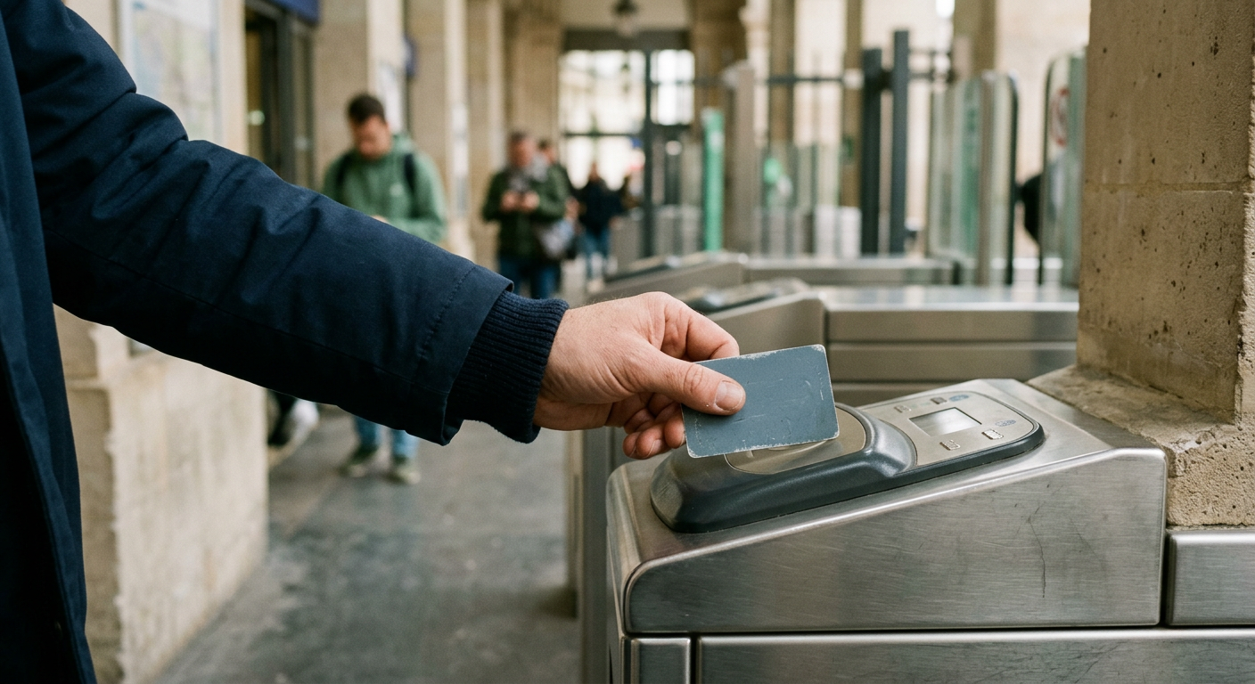 A commuter tapping a transit card against a card reader at a French train station turnstile